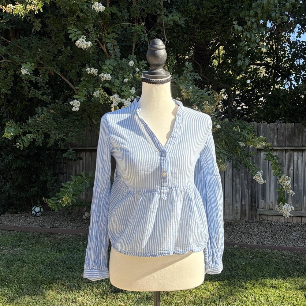 Banana Republic Women Cinched Button V Neck Stripe Lightweight Top XXS Fisherman